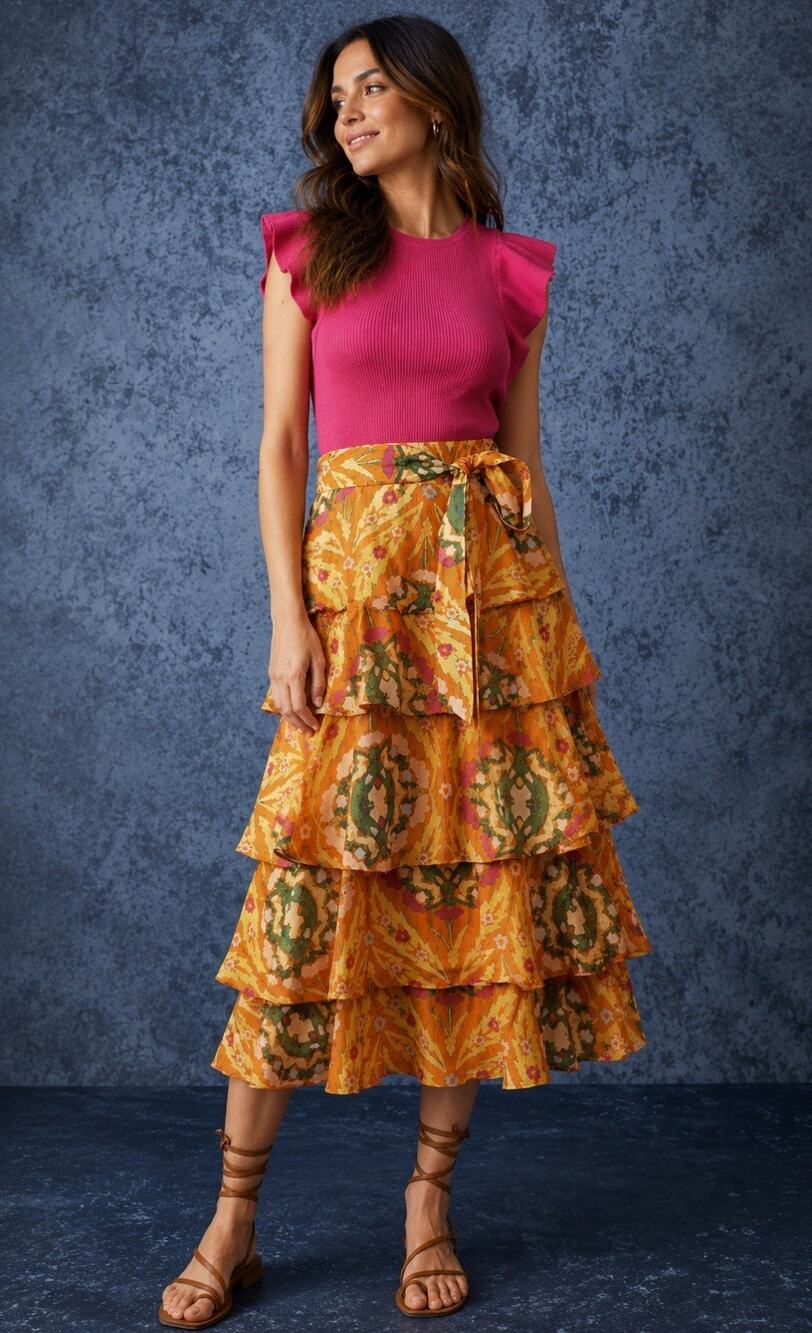 NWT Marie Oliver Adler midi skirt size 4 silk blend ties in front lined